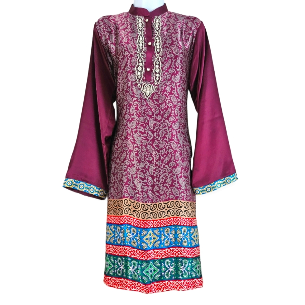 NWOT purple pink green blue red mix print jewel kurta tunic dress Womens Large